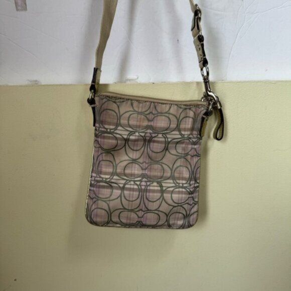 Coach CC Small Crossbody Shoulder Bag Fabric Check Metallic Leather Zip Pocket - Picture 3 of 16